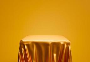 lujosa tela dorada colocada en el pedestal superior o en el podio en blanco sobre fondo dorado con concepto de lujo. representación 3d foto