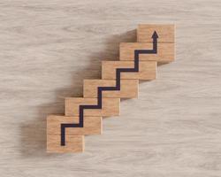 trayectoria profesional de escalera para el concepto de proceso de éxito de crecimiento empresarial, apilamiento de bloques de madera como escalera de paso sobre fondo de madera, representación 3d