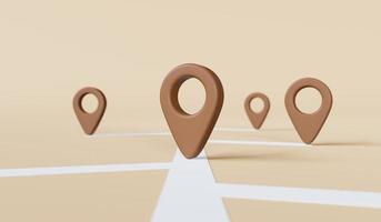 Location marking with a pin on a map or navigation icon sign on brown background, transport and travel theme concept. 3D rendering. photo