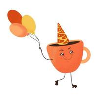 Cute cartoon character mug or cup on rollers with balloons. Isolated vector illustration