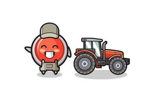 the emergency panic button farmer mascot standing beside a tractor vector