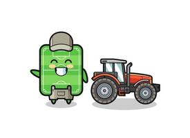 la mascota del granjero del campo de fútbol de pie junto a un tractor vector