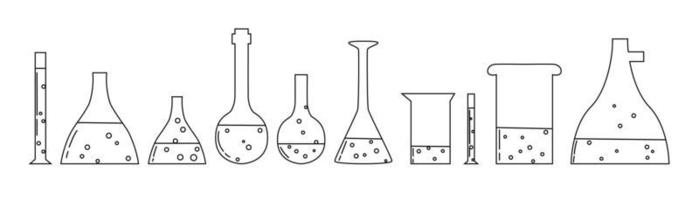 conjunto con equipo de laboratorio médico. tubo de ensayo, frascos, vasos de precipitados, matraces y portatubos de ensayo. ilustración de esquema de suela vector