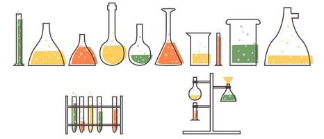 conjunto con equipo de laboratorio médico. tubo de ensayo, frascos, vasos de precipitados, matraces y portatubos de ensayo. ilustración plana suela vector