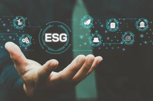 Environmental social and governance ESG investment Organizational growth that is sustainable is a business idea. A man's hand touches the ESG word on a virtual screen.