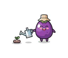 cute eggplant is watering plant seeds vector