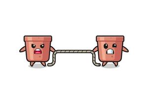 cute flowerpot character is playing tug of war game vector