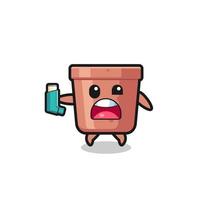 flowerpot mascot having asthma while holding the inhaler vector
