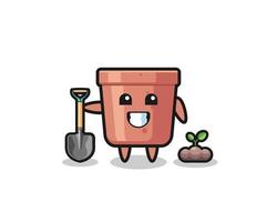 cute flowerpot cartoon is planting a tree seed vector