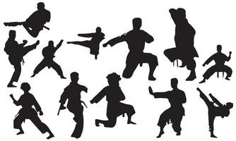 siluetas de vector de karate, silueta de luchadores de karate. colección de fondo blanco y negro