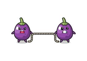 cute eggplant character is playing tug of war game vector