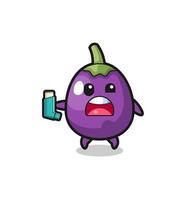 eggplant mascot having asthma while holding the inhaler vector