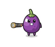 eggplant mascot holding flashlight vector