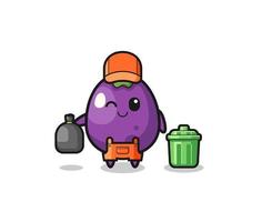 the mascot of cute eggplant as garbage collector vector