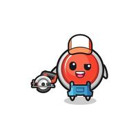 the woodworker emergency panic button mascot holding a circular saw vector