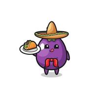 eggplant Mexican chef mascot holding a taco vector