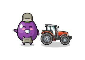 the eggplant farmer mascot standing beside a tractor vector