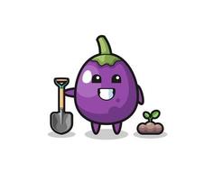 cute eggplant cartoon is planting a tree seed vector