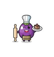 eggplant as pastry chef mascot hold rolling pin vector