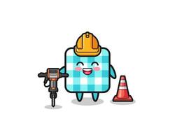 road worker mascot of checkered tablecloth holding drill machine vector