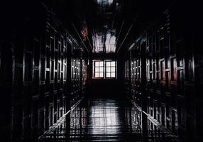 gloomy dark wooden corridor with closed doors of an empty hotel without people during quarantine photo