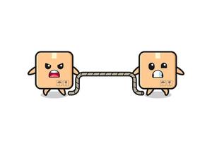 cute cardboard box character is playing tug of war game vector