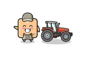 la mascota del granjero de la caja de cartón de pie junto a un tractor vector