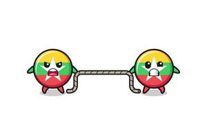 cute myanmar flag character is playing tug of war game vector