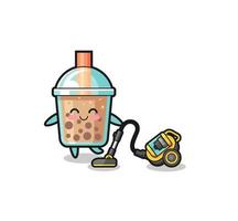 cute bubble tea holding vacuum cleaner illustration vector