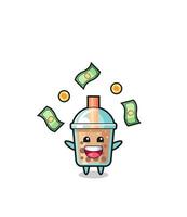illustration of the bubble tea catching money falling from the sky vector