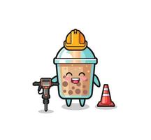 mascota del trabajador de la carretera de té de burbujas con máquina perforadora vector