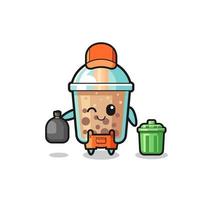 the mascot of cute bubble tea as garbage collector vector