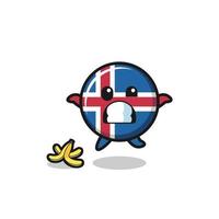 la caricatura de la bandera de islandia se desliza sobre una cáscara de plátano vector