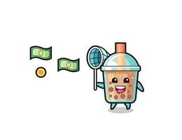 ilustración del té de burbujas atrapando dinero volador vector