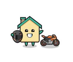 cute house cartoon as a motorcycle racer vector