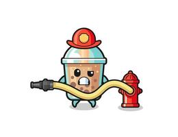 bubble tea cartoon as firefighter mascot with water hose vector