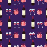 Seamless pattern with a red wine bottle, glasses and gift boxes. For textile, paper, wrapping paper, packaging, wallpaper. vector