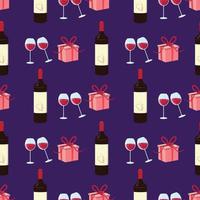 Seamless pattern with a red wine bottle, glasses and gift boxes. For textile, paper, wrapping paper, packaging, wallpaper. vector