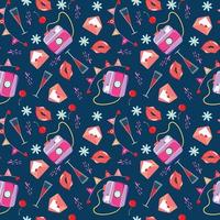 Seamless pattern with photo camera, lips, flowers, wineglasses and garland. Background for Valentine's Day. For textile, paper, wrapping paper, packaging, wallpaper. Vector pattern.