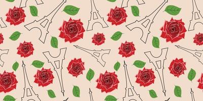 Seamless pattern with roses and Eiffel towers. For textile, wrapping paper, packaging. Vector pattern.