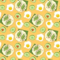 Seamless pattern with avocado and eggs on yellow background. For textile, paper, wrapping paper, packaging, wallpaper. Vector pattern.