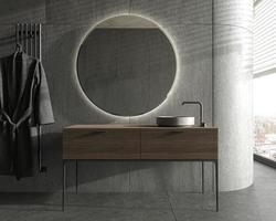 Minimalism modern dark bathroom interior design with round mirror and wood bathtub. Front view. Stone wall and floor tile. 3d render illustration. photo