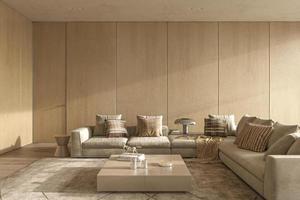 Sala de estar de diseño de interiores de estilo japonés moderno de lujo. gran sofá con almohadas. Luminaria y soleada vivienda. ilustración de renderizado 3d de pared de maqueta. foto