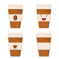 un juego de tazas de café al estilo plano. taza de café con una etiqueta, con un grano de café, con una taza, con una cara alegre vector