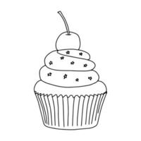 Cupcake with cherry and cream in the style of Doodle.Black and white image of baking.Monochrome.Outline drawing by hand.Sweet confectionery products.Vector image vector