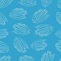 Seamless pattern with fish.Nautical theme.Doodle style.Blue background.White outline.Vector illustration. vector