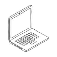 The laptop is in the style of Doodle.Outline drawing.Black and white image.Isometry.Vector image vector