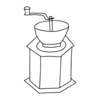 The manual wooden coffee grinder is drawn in the Doodle style.Black and white image.Outline drawing.The picture is drawn by hand.Vector illustration vector