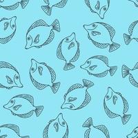 Seamless pattern with fish.Nautical theme.Doodle style.Blue background.Black outline.Vector illustration. vector