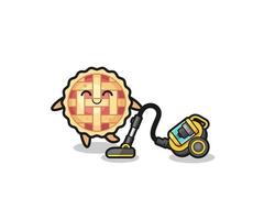 cute apple pie holding vacuum cleaner illustration vector